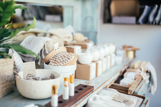 a variety of beauty and self-care products displayed at the storefront